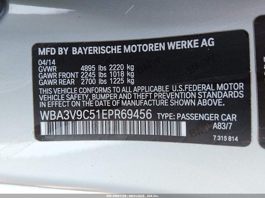 BMW 428I 2014 VIN WBA3V9C51EPR69456
