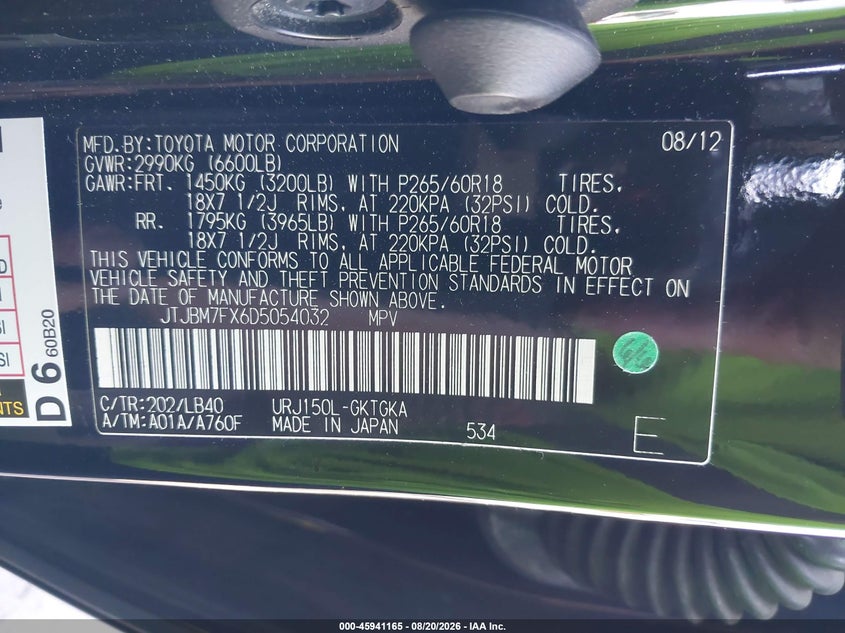 LEXUS GX 460 2013 VIN JTJBM7FX6D5054032