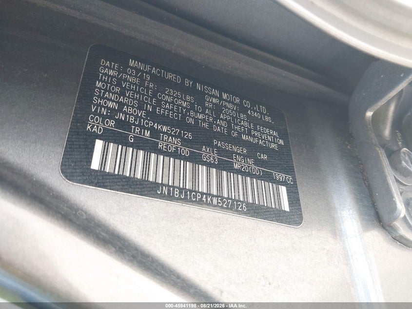 NISSAN ROGUE SPORT 2019 VIN JN1BJ1CP4KW527126