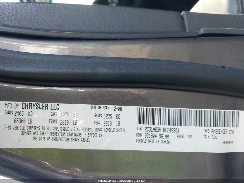 CHRYSLER 300C 2008 VIN 2C3LA63H18H249904