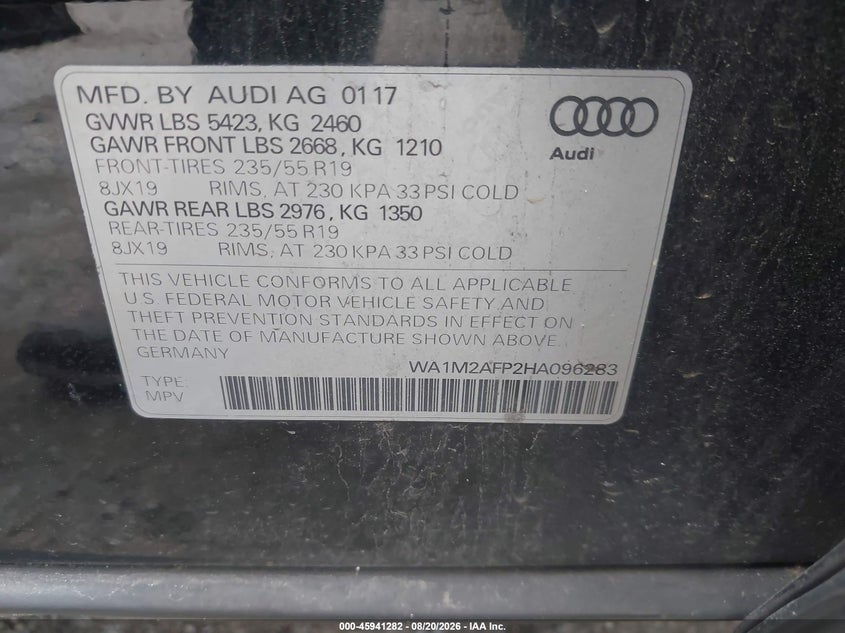 AUDI Q5 2017 VIN WA1M2AFP2HA096283