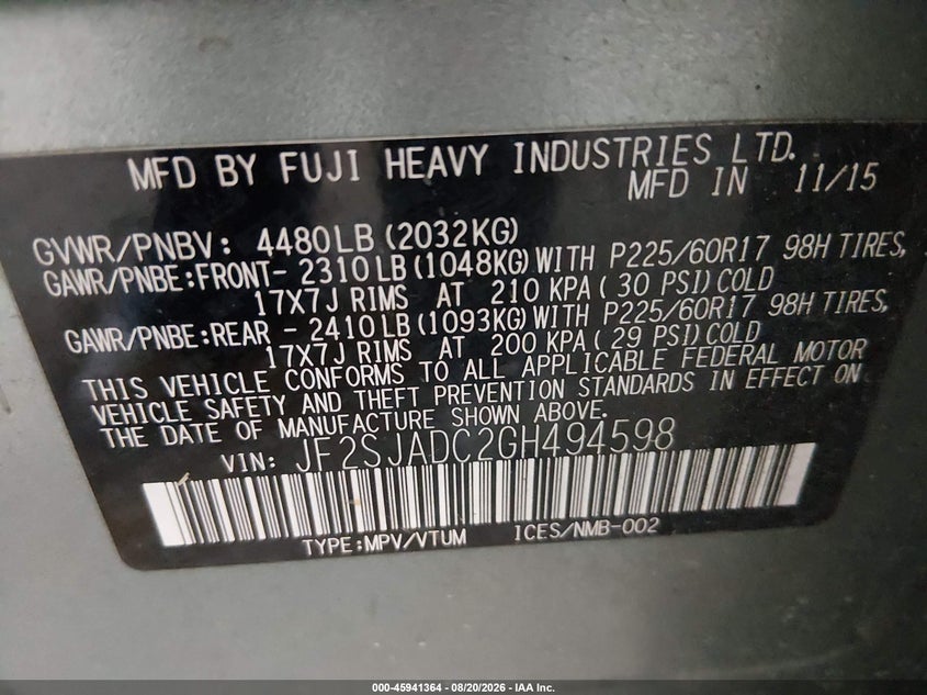 SUBARU FORESTER 2016 VIN JF2SJADC2GH494598