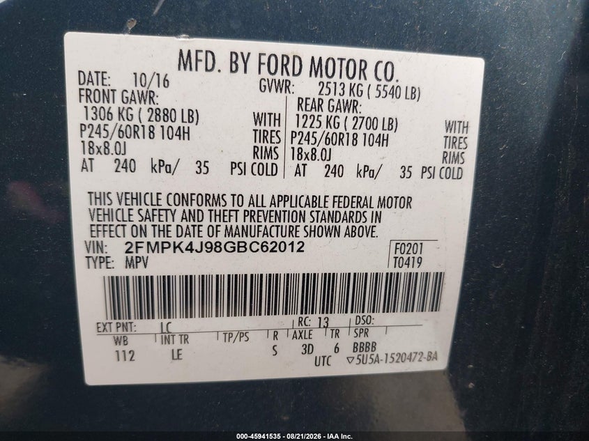 FORD EDGE 2016 VIN 2FMPK4J98GBC62012