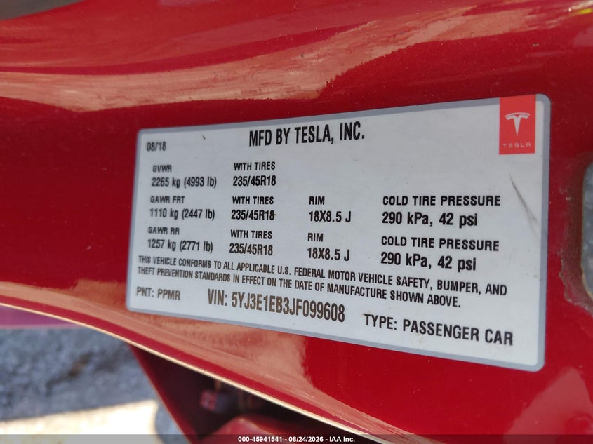 TESLA MODEL 3 2018 VIN 5YJ3E1EB3JF099608