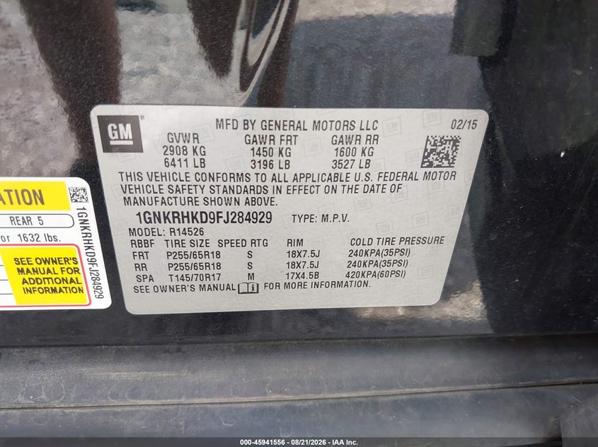 CHEVROLET TRAVERSE 2015 VIN 1GNKRHKD9FJ284929