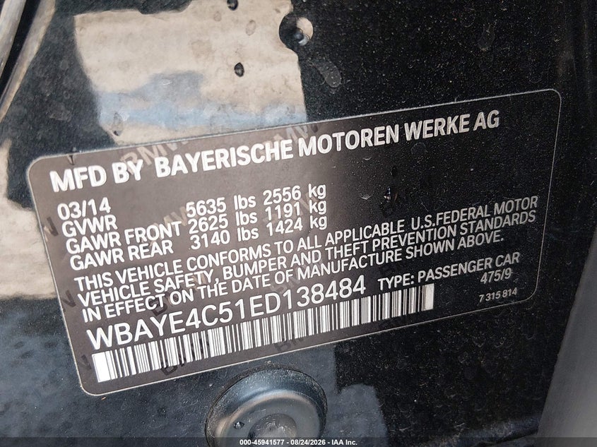 BMW 740LI 2014 VIN WBAYE4C51ED138484