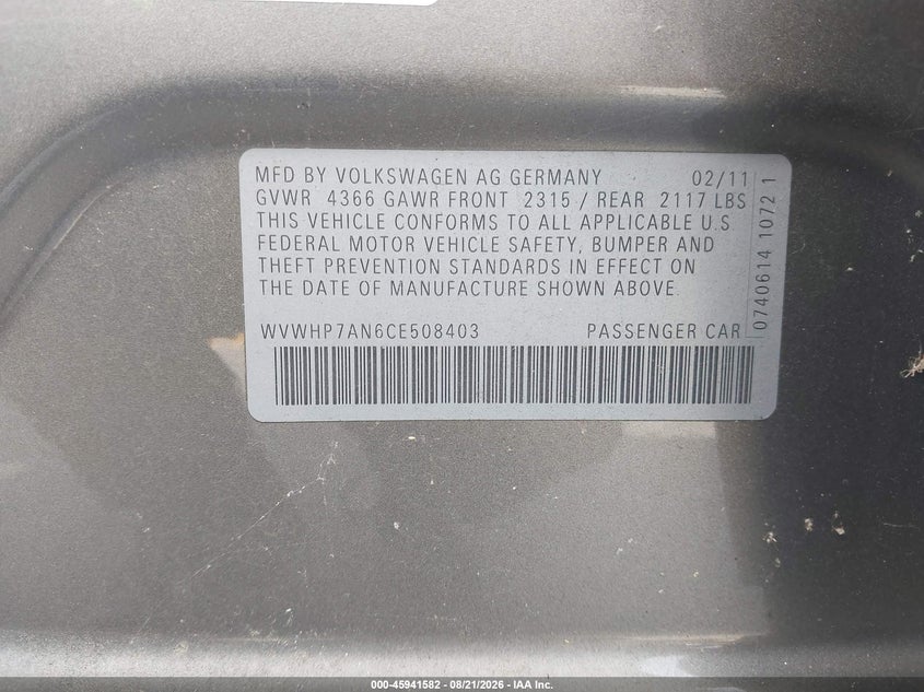 VOLKSWAGEN CC 2012 VIN WVWHP7AN6CE508403