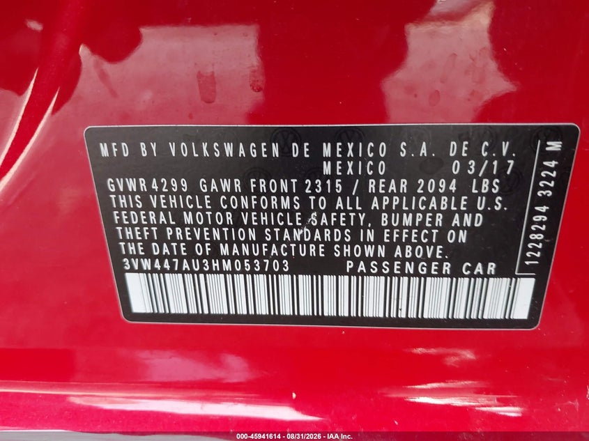 VOLKSWAGEN GOLF GTI 2017 VIN 3VW447AU3HM053703