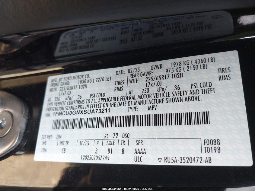2025 FORD ESCAPE SPORT UTILITY VEHICLE 1.5L I-3 DI, DOHC, VVT, TURBO, PREMIUM , 180HP
