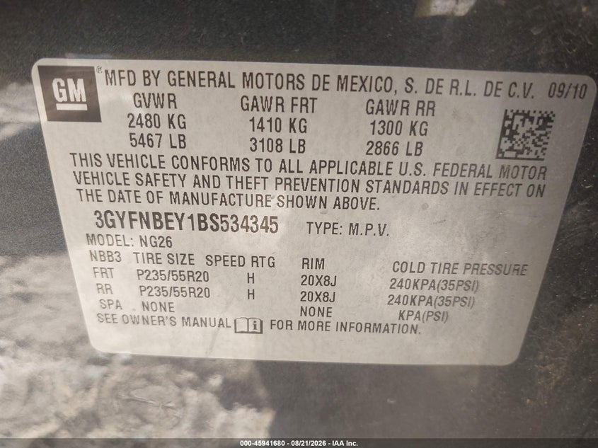 CADILLAC SRX 2011 VIN 3GYFNBEY1BS534345