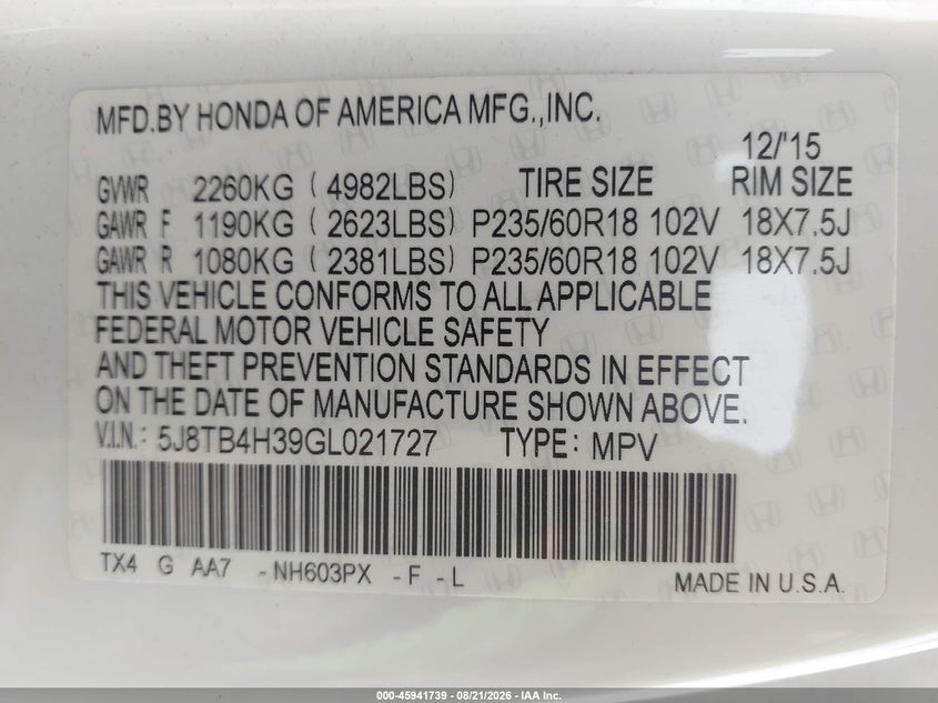 ACURA RDX 2016 VIN 5J8TB4H39GL021727