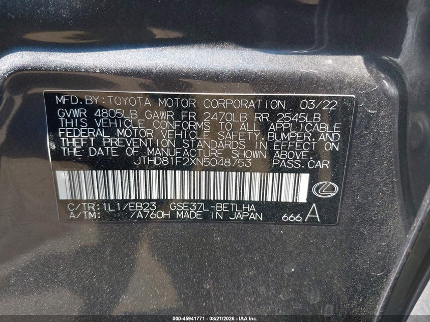 LEXUS IS 300 2022 VIN JTHD81F2XN5048753