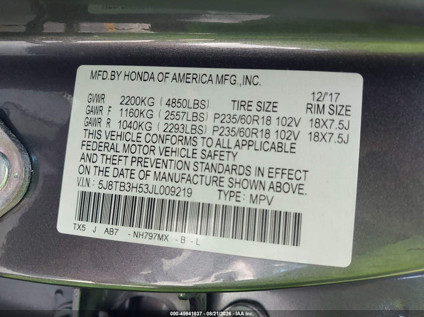 ACURA RDX 2018 VIN 5J8TB3H53JL009219