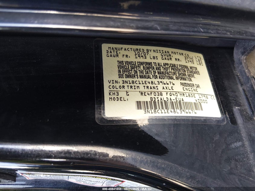 2008 NISSAN VERSA SEDAN 1.8L I-4 DOHC, VVT, 122HP