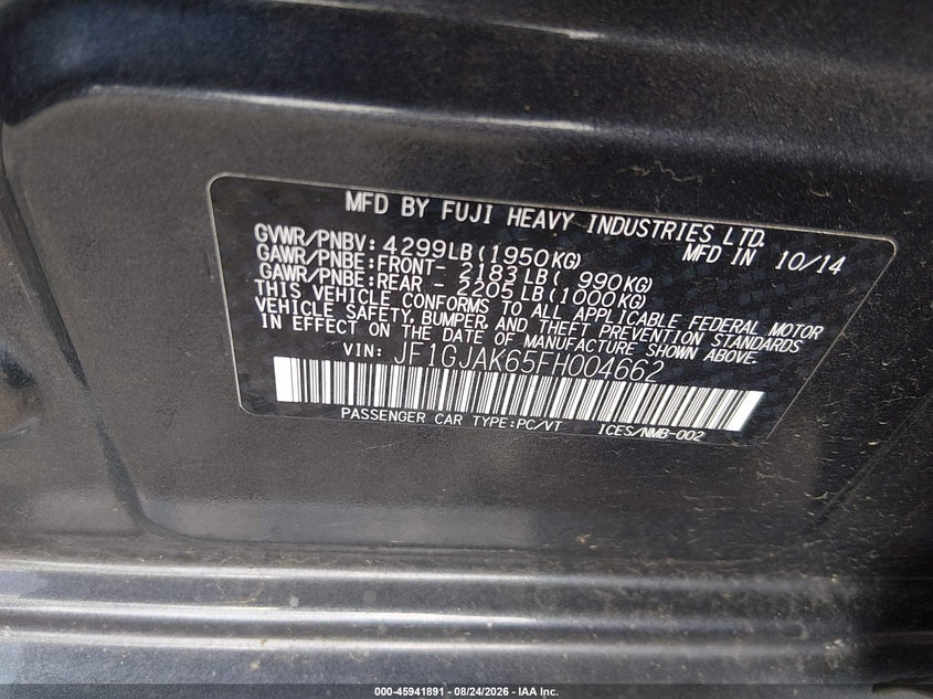 SUBARU IMPREZA 2015 VIN JF1GJAK65FH004662