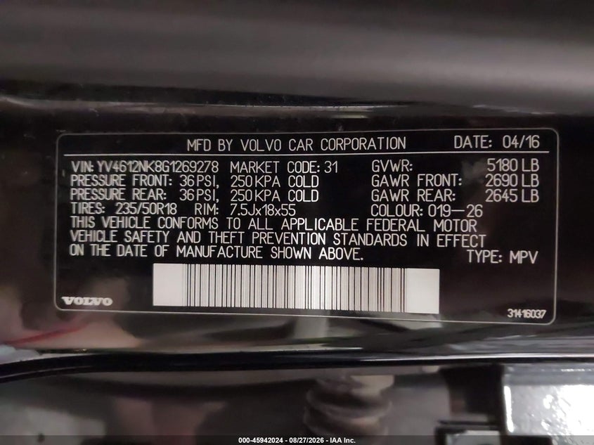 VOLVO XC70 2016 VIN YV4612NK8G1269278