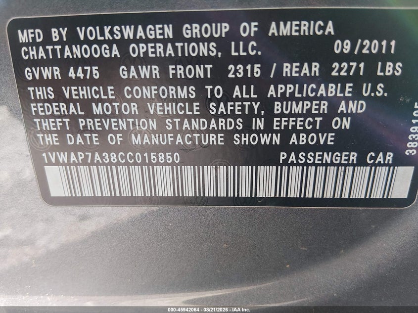 VOLKSWAGEN PASSAT 2012 VIN 1VWAP7A38CC015850