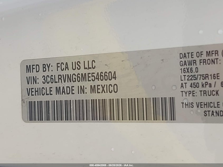 RAM PROMASTER 1500 2021 VIN 3C6LRVNG6ME546604