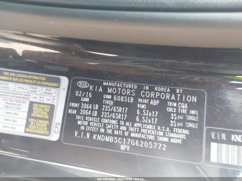 KIA SEDONA 2016 VIN KNDMB5C17G6205772