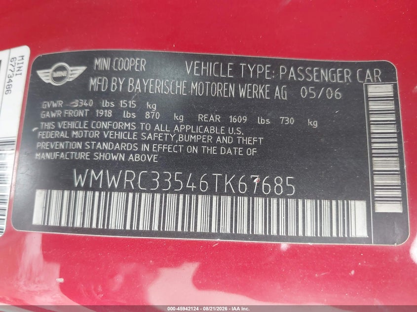 MINI COOPER 2006 VIN WMWRC33546TK67685