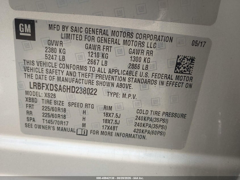 BUICK ENVISION 2017 VIN LRBFXDSA6HD238022