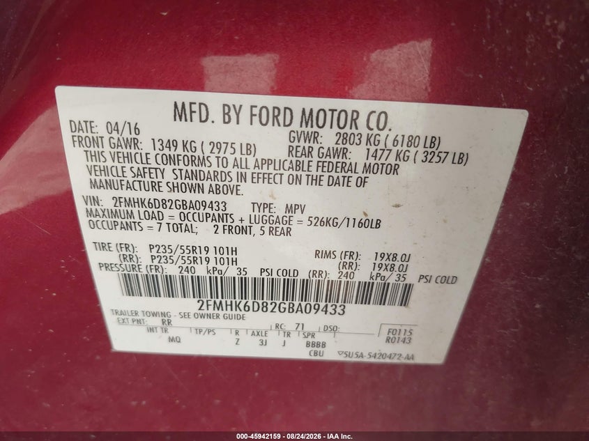 FORD FLEX 2016 VIN 2FMHK6D82GBA09433
