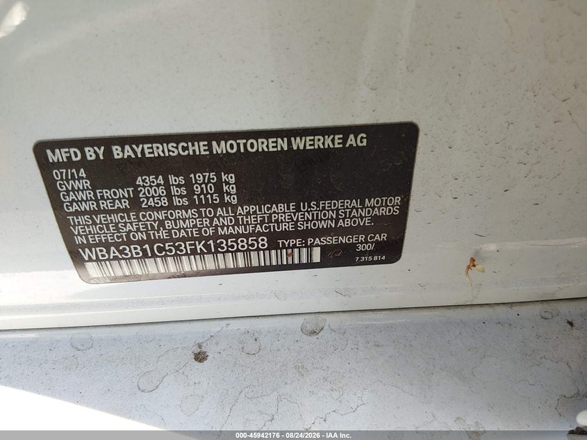 BMW 320I 2015 VIN WBA3B1C53FK135858
