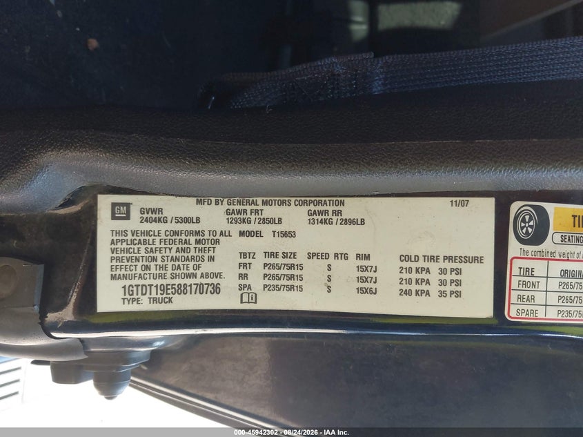 GMC CANYON 2008 VIN 1GTDT19E588170736