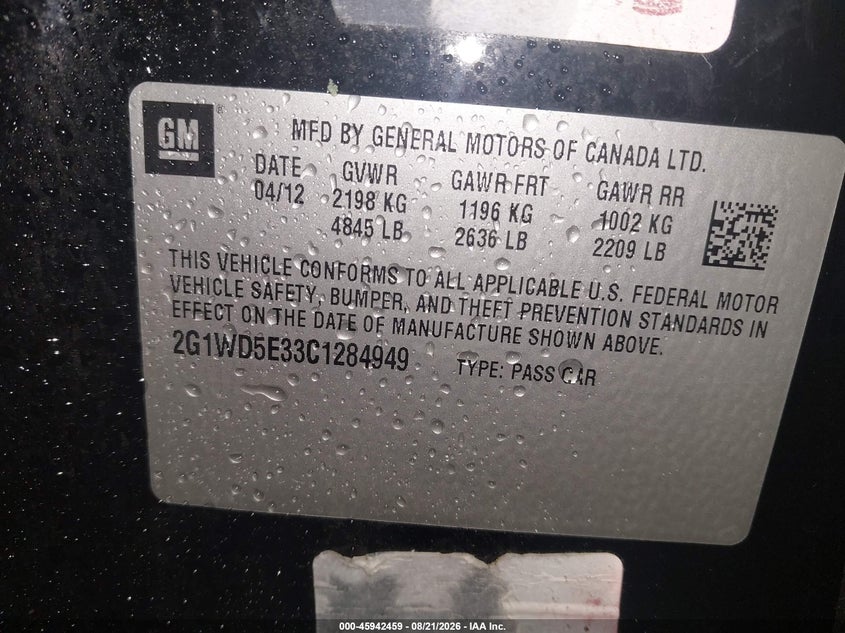 CHEVROLET IMPALA 2012 VIN 2G1WD5E33C1284949