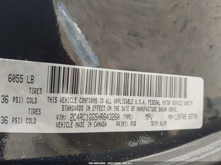 2017 CHRYSLER PACIFICA VAN 3.6L V-6 DOHC, VVT, 287HP