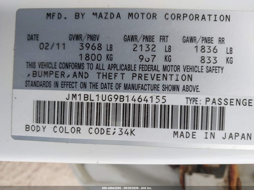 MAZDA MAZDA3 2011 VIN JM1BL1UG9B1464155