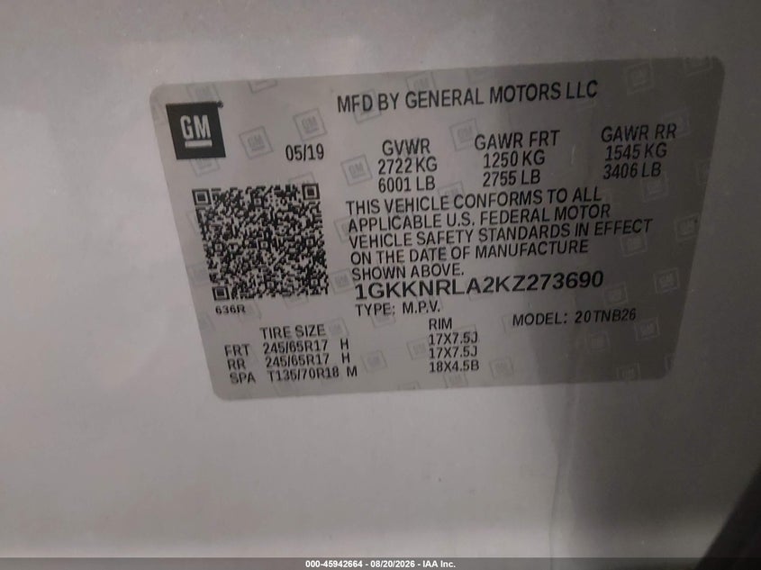 GMC ACADIA 2019 VIN 1GKKNRLA2KZ273690