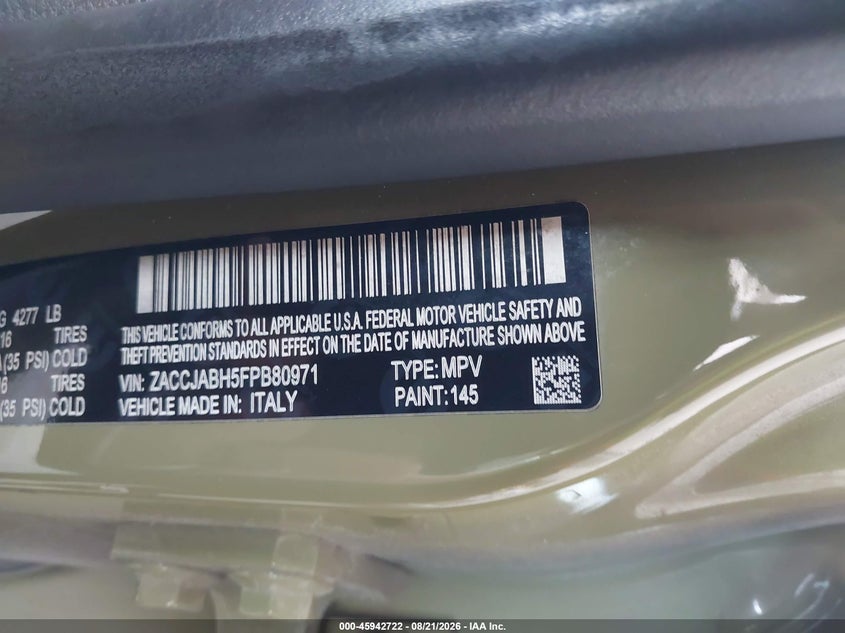 JEEP RENEGADE 2015 VIN ZACCJABH5FPB80971