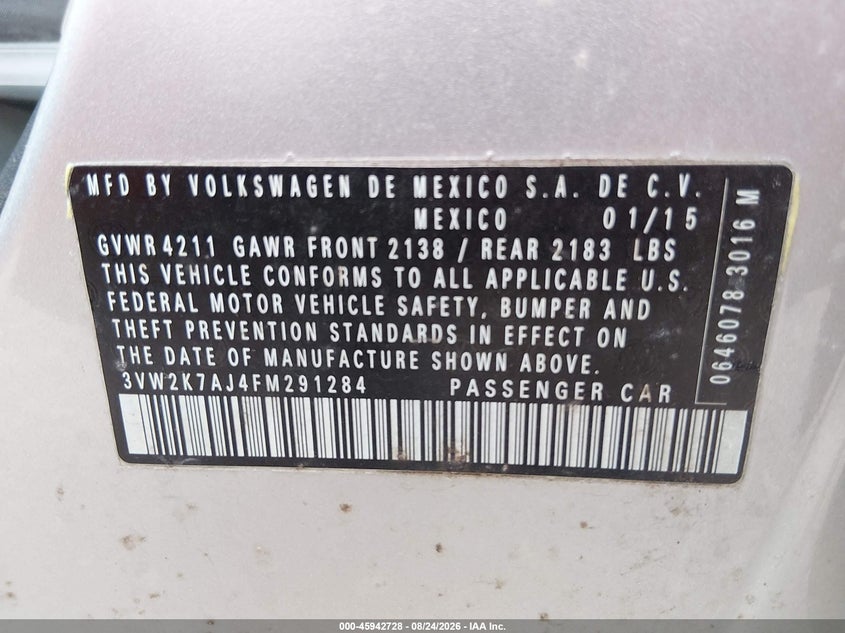 VOLKSWAGEN JETTA 2015 VIN 3VW2K7AJ4FM291284