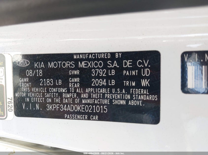 KIA FORTE 2019 VIN 3KPF34AD0KE021015