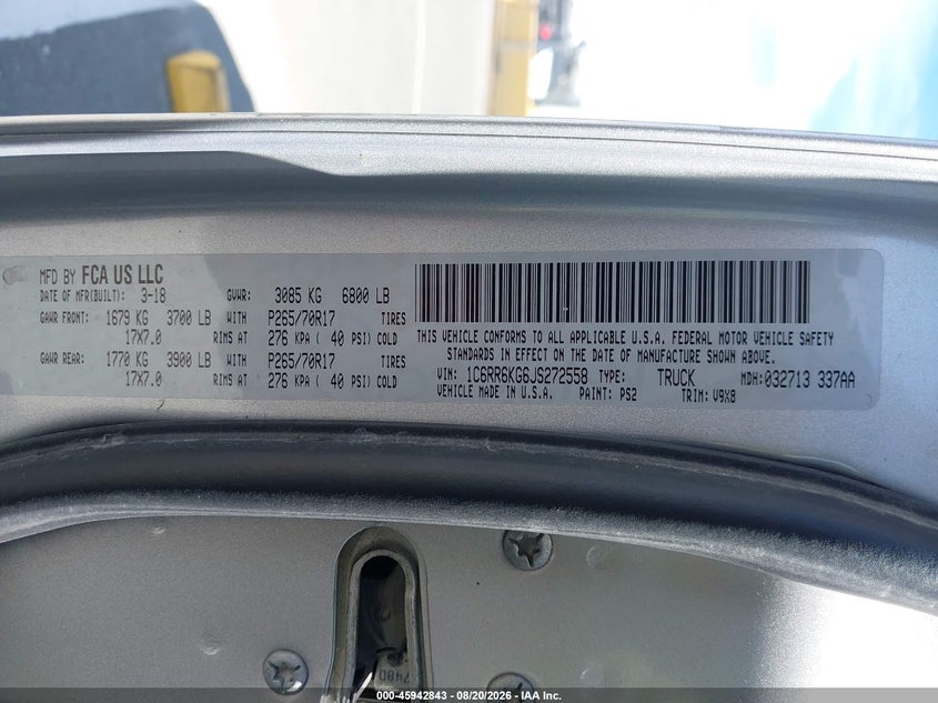 RAM 1500 2018 VIN 1C6RR6KG6JS272558