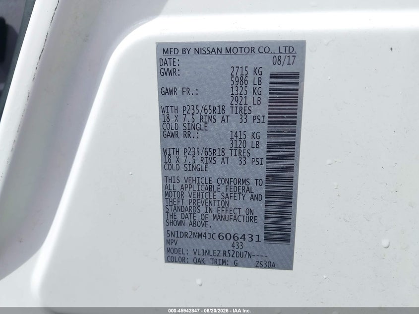 NISSAN PATHFINDER 2018 VIN 5N1DR2MM4JC606431