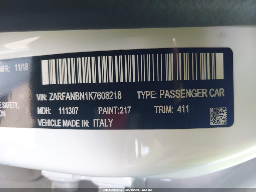ALFA-ROMEO GIULIA 2019 VIN ZARFANBN1K7608218