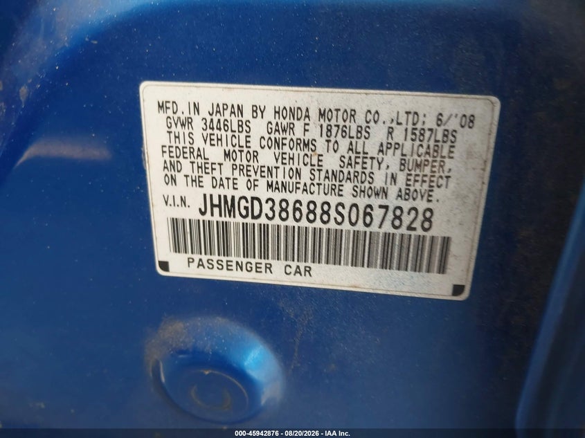 HONDA FIT 2008 VIN JHMGD38688S067828