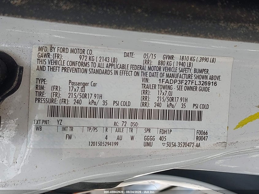 2015 FORD FOCUS SEDAN 2.0L I-4 DI, DOHC, VVT, 159HP