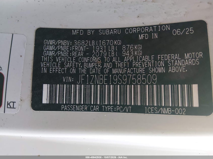 TOYOTA GR86 2025 VIN JF1ZNBE19S9758509