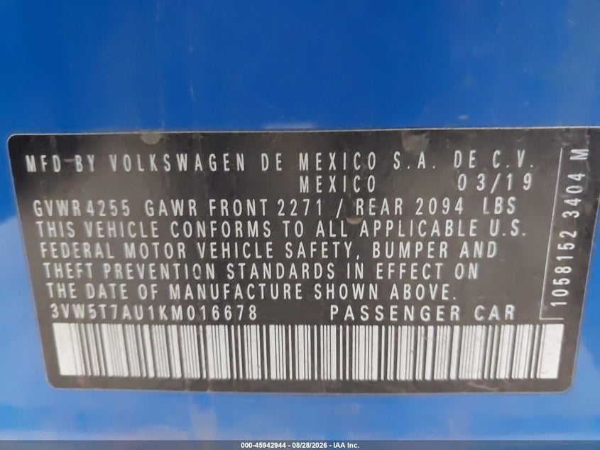 VOLKSWAGEN GOLF GTI 2019 VIN 3VW5T7AU1KM016678