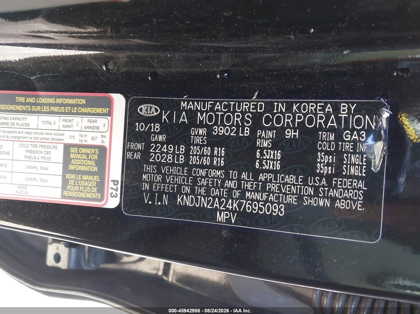 KIA SOUL 2019 VIN KNDJN2A24K7695093
