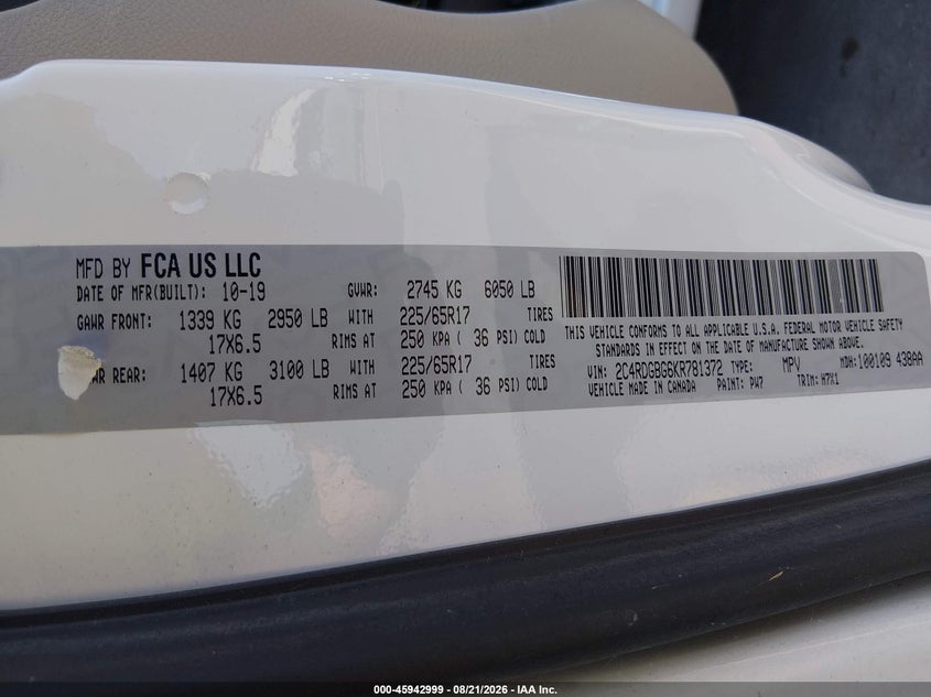 DODGE GRAND CARAVAN 2019 VIN 2C4RDGBG6KR781372