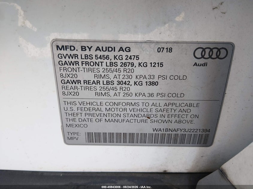 AUDI Q5 2018 VIN WA1BNAFY3J2221394