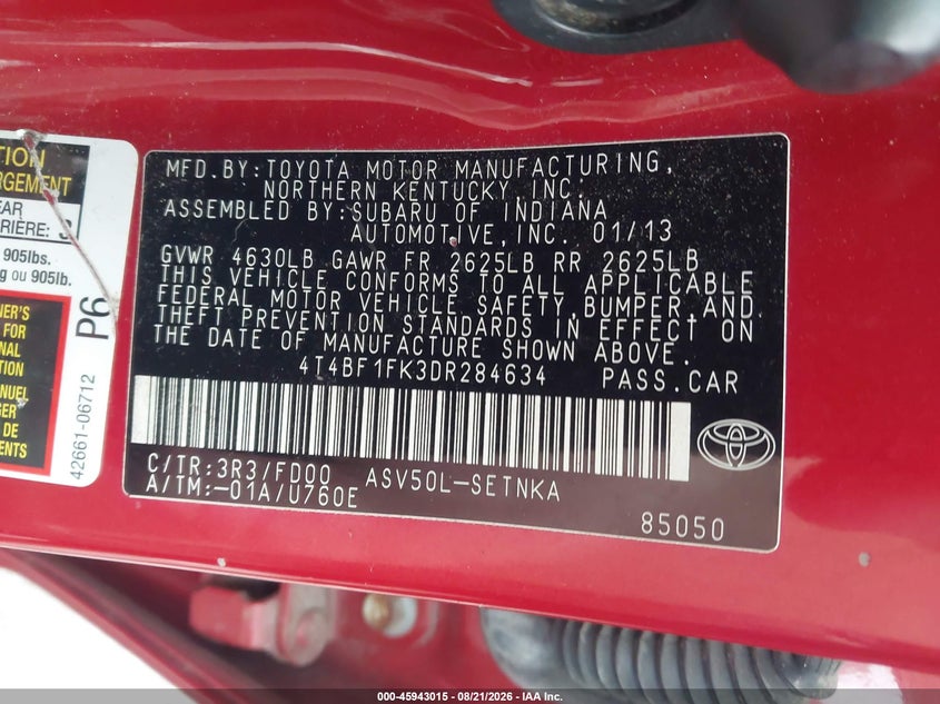 TOYOTA CAMRY 2013 VIN 4T4BF1FK3DR284634