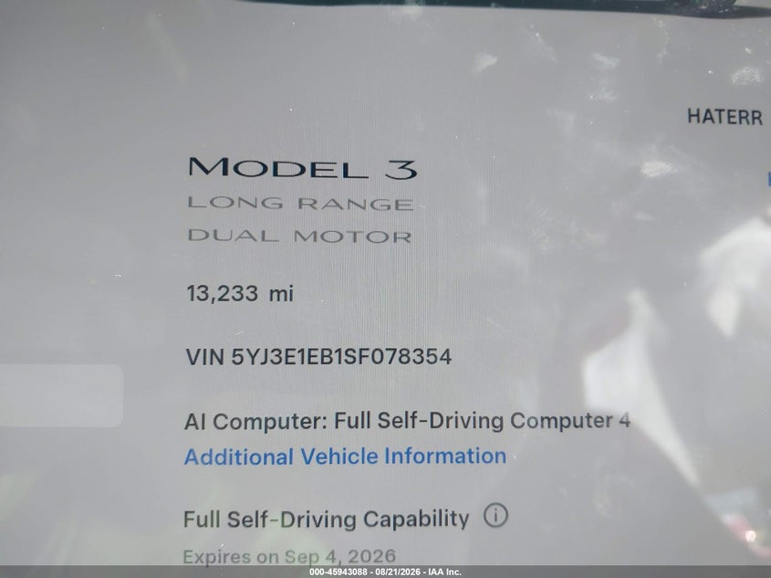 TESLA MODEL 3 2025 VIN 5YJ3E1EB1SF078354