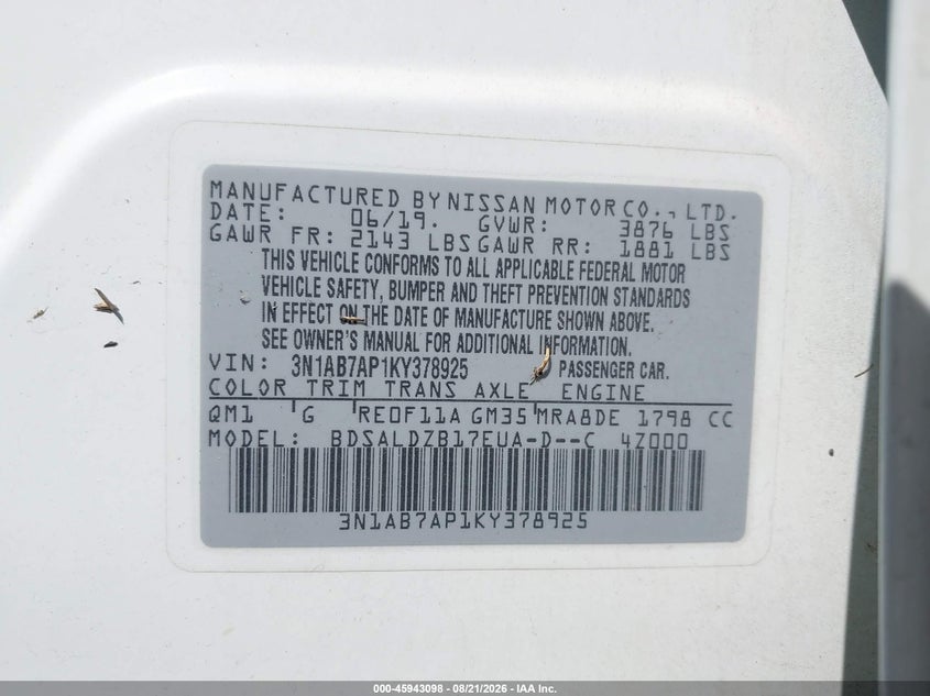 NISSAN SENTRA 2019 VIN 3N1AB7AP1KY378925
