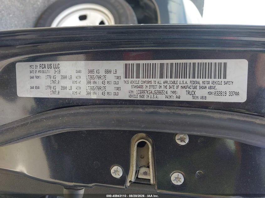 RAM 1500 2018 VIN 1C6RR7KG4JS286514