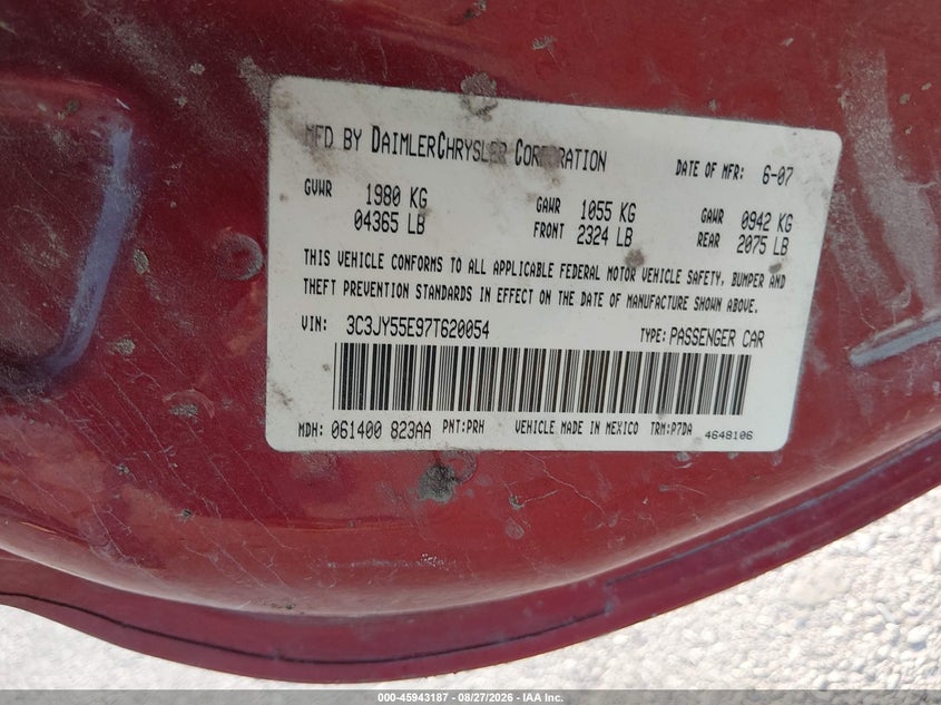 CHRYSLER PT CRUISER 2007 VIN 3C3JY55E97T620054